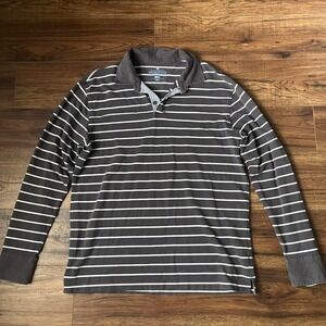 Vintage 90s‎ Grey White Striped Polo Rugby Shirt Mens Medium Preppy Academia